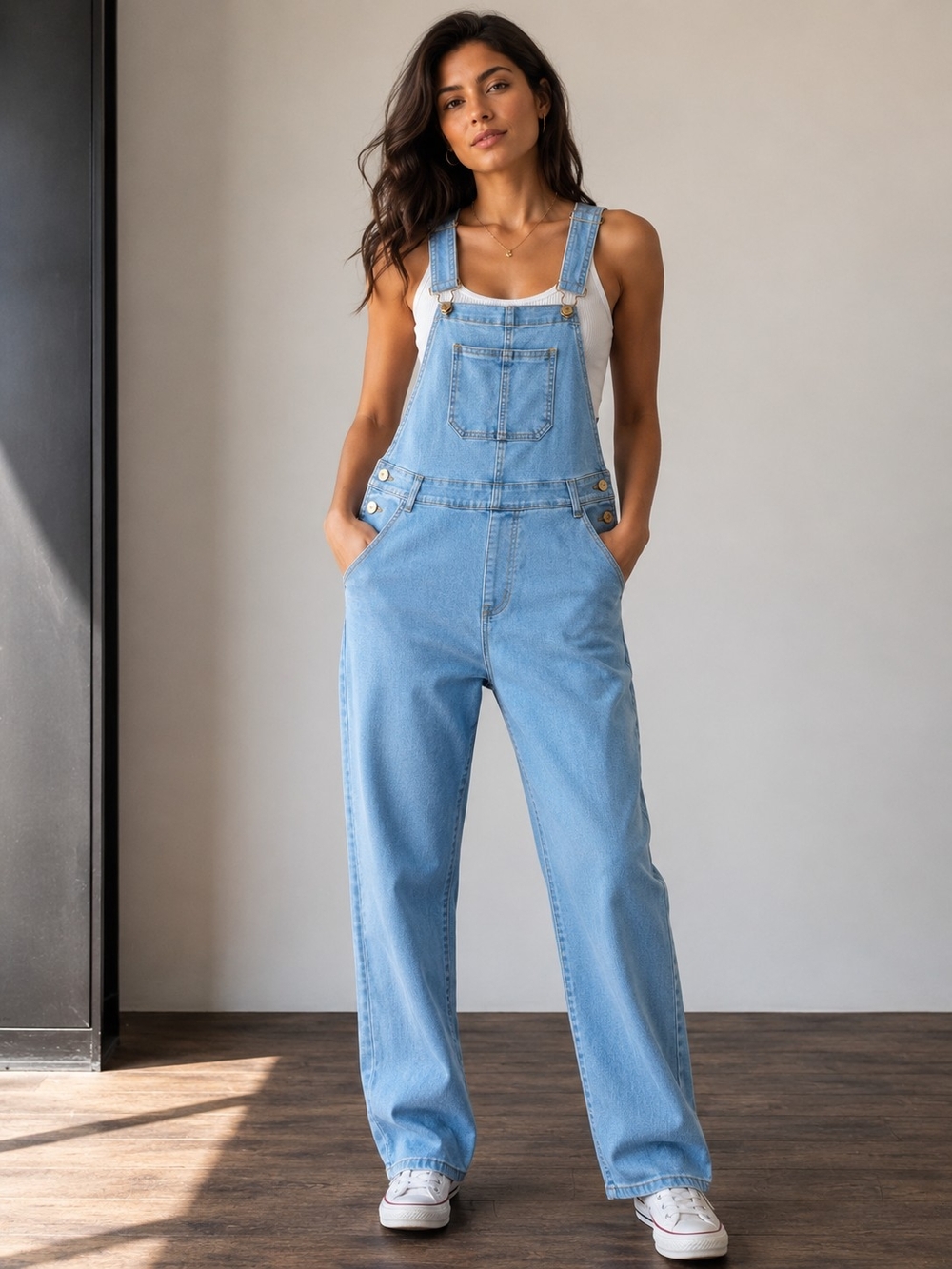 Light Wash Denim Overalls for Women - Casual Straight Leg